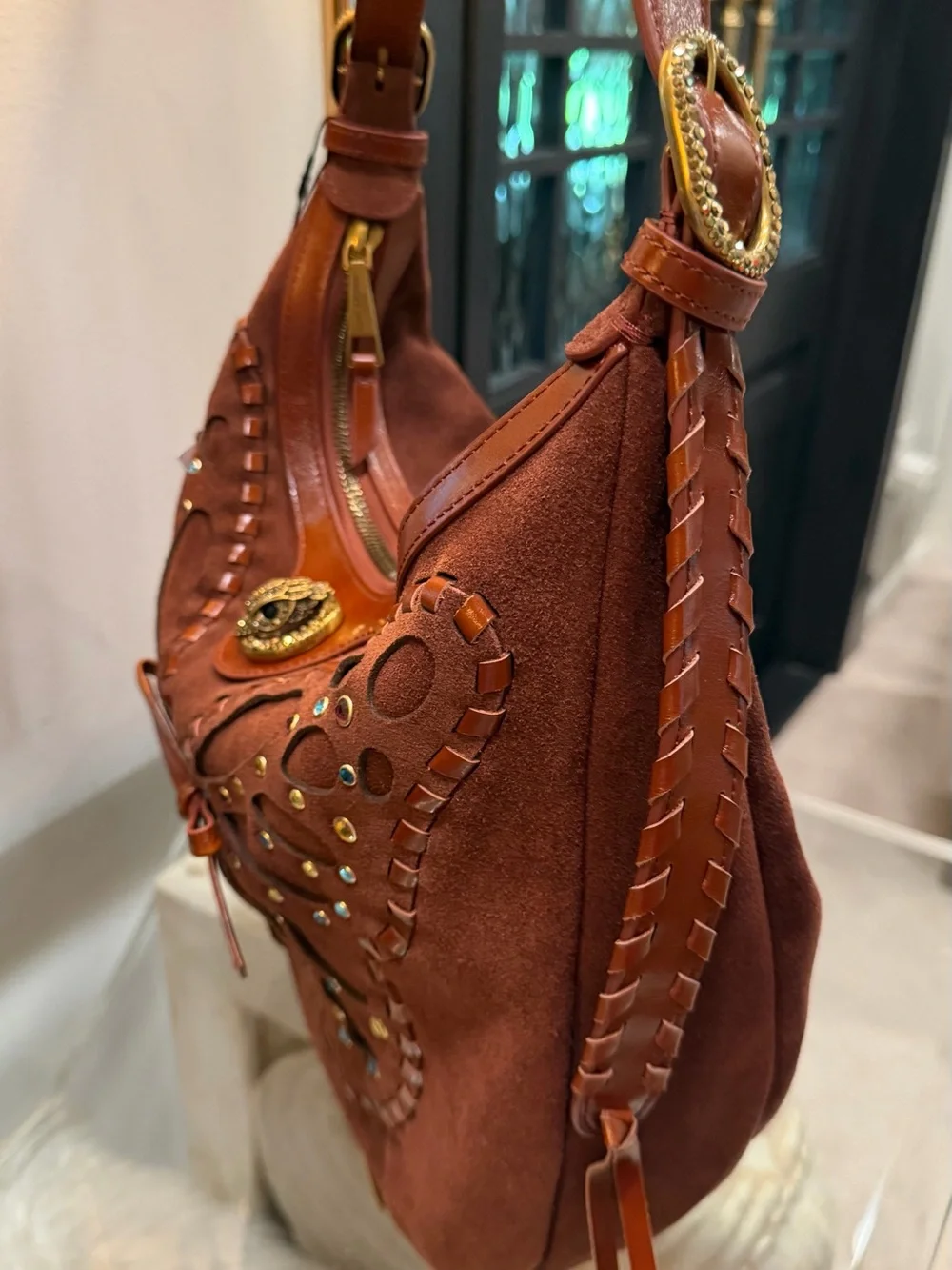 Kurt Geiger NWT Chelsea Suede Studded Butterfly Hobo Shoulder Bag in Brown